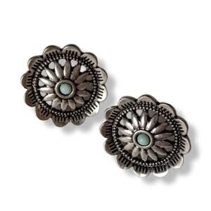 Funky floral antiqued silver tone blue cabochon post earrings
